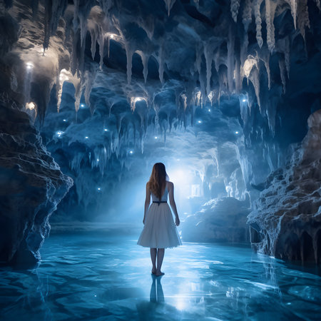 Woman in White Dress Exploring a Magical Blue Ice Caveの素材