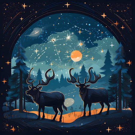 Two Deer in a Magical Winter Forest at Nightの素材