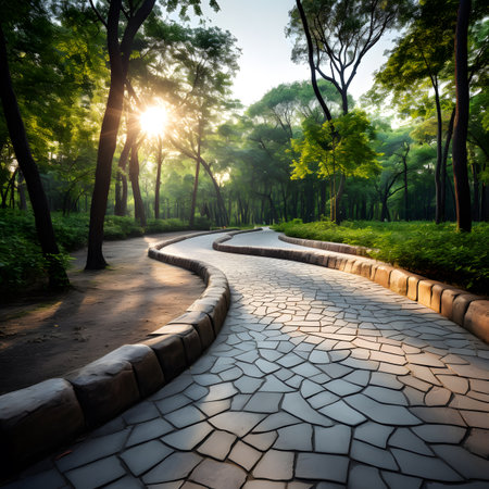 Winding Stone Path Through Sunlit Parkの素材