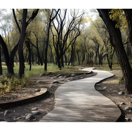 Winding Wooden Path Through Autumn Woodsの素材