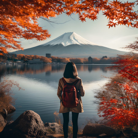 Woman with Backpack Admiring Autumnal Mount Fuji Lake Viewの素材