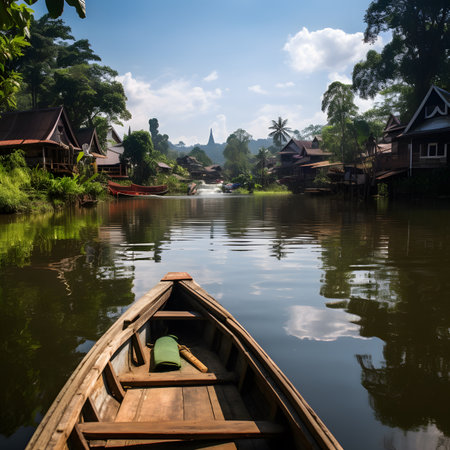 Wooden Boat on Calm River in Tropical Villageの素材