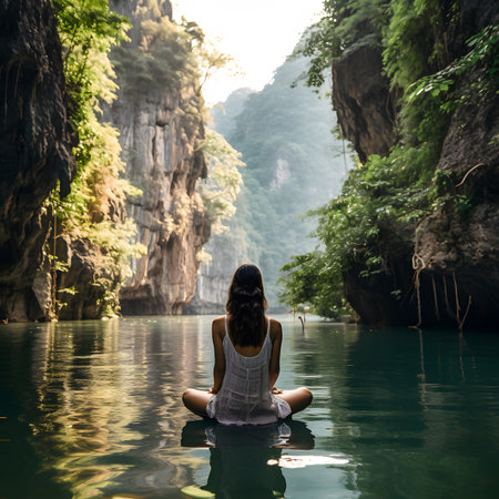 Woman Meditating in a Serene Tropical River Settingの素材