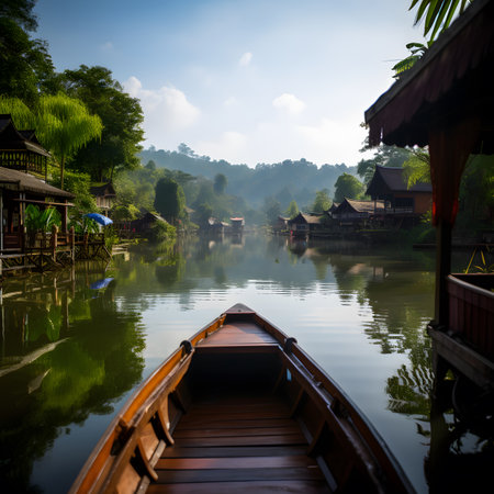 Wooden Boat on Calm River at Sunrise, Tropical Village Settingの素材