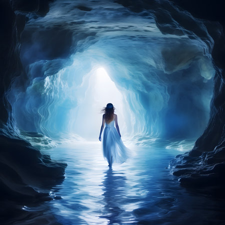 Woman in White Dress Walking Towards Glowing Light in Blue Caveの素材