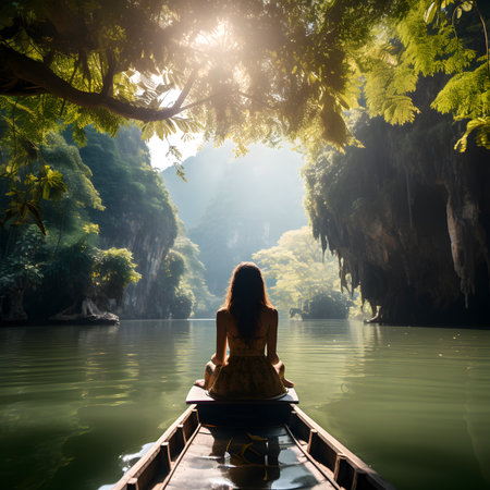 Woman in Yellow Dress Sitting on a Boat in a Lush Tropical River Caveの素材