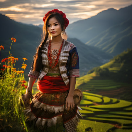 Young Woman in Traditional Vietnamese Clothing Amidst Rice Terraces at Sunriseの素材