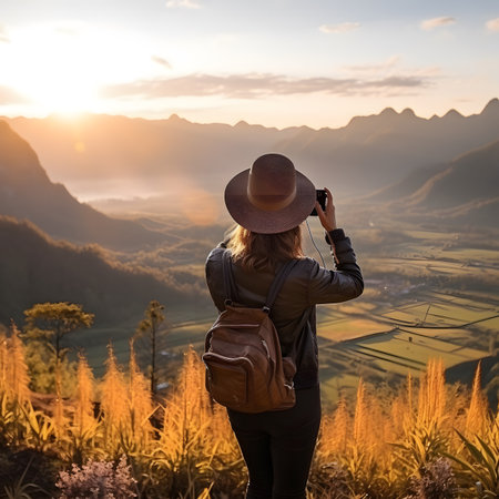 Woman with Backpack Photographing Sunrise Mountain Valleyの素材