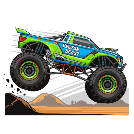 Pixel Art Monster Truck Jumping Over Desert Hillsのイラスト素材