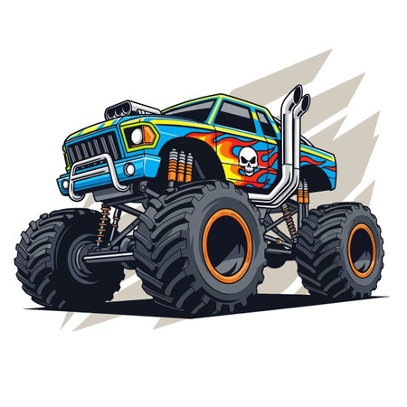 Blue Monster Truck with Flame Design and Skull Graphicのイラスト素材