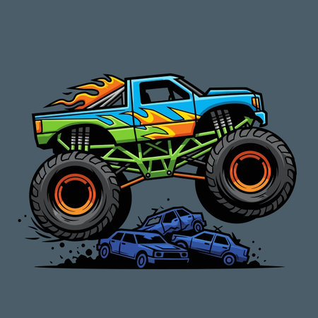 Pixel Art Monster Truck Jumping Over Carsのイラスト素材