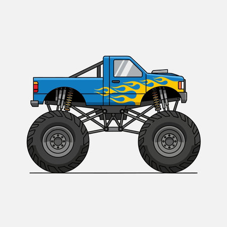 Blue Monster Truck with Yellow Flames Pixel Art Illustrationのイラスト素材