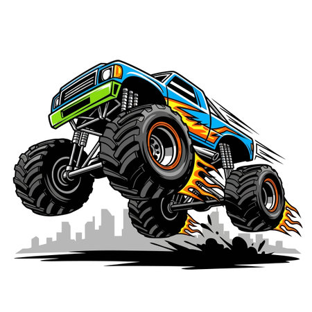 Blue Monster Truck Jumping Over City Skylineのイラスト素材