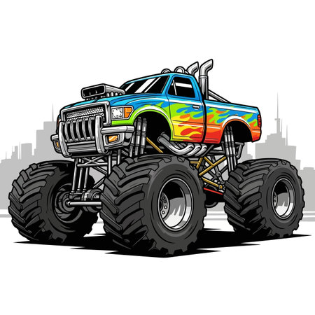 Colorful Monster Truck Illustration Against City Skylineのイラスト素材
