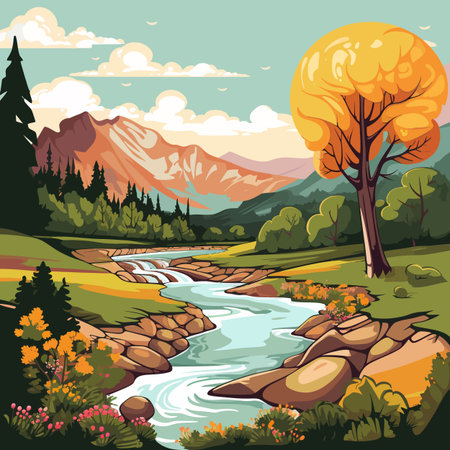 Autumn landscape with river and mountains. Vector illustration in flat styleのイラスト素材