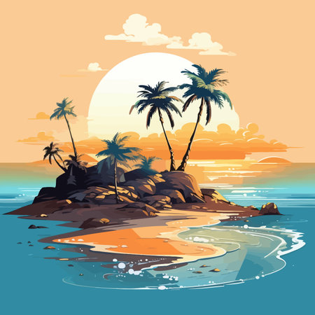Tropical beach with palm trees and sunset. Vector illustration.のイラスト素材