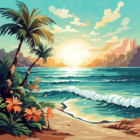 Tropical beach with palm trees and flowers. Vector illustration.のイラスト素材