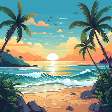 Tropical beach with palm trees and sunset. Vector illustration.のイラスト素材
