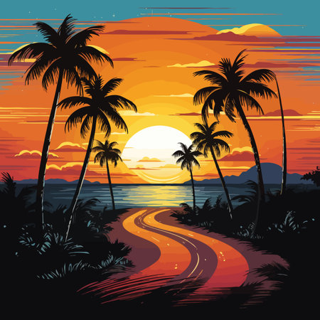 Sunset on the beach with palm trees and road, vector illustrationのイラスト素材