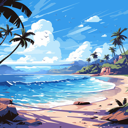 Tropical beach with palm trees, sand and waves. Vector illustrationのイラスト素材