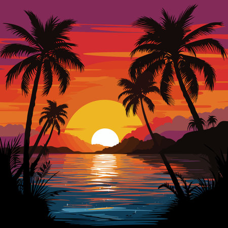 Palm trees on the beach at sunset. Vector illustration. EPS 10のイラスト素材