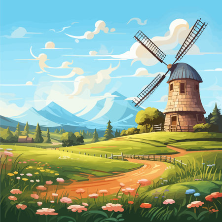 Cartoon landscape with windmill and meadow. Vector illustration.のイラスト素材