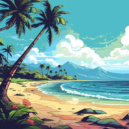 Tropical beach with palm trees, sand and waves. Vector illustrationのイラスト素材