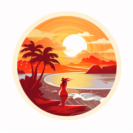 Woman Enjoying Serene Sunset Beach Scenery Featuring Palm Trees Tropical Island Ocean with Warm Hues in a Coastal Paradise Viewのイラスト素材