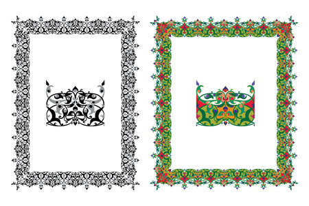 Vintage floral classic calligraphic retro vignette scroll frames ornamental design elements black and color set isolated vector illustrationのイラスト素材