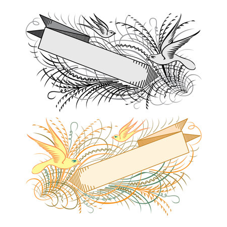 Hand drawn vintage manuscript ribbons colored with the bird's nest set isolated vector illustrationのイラスト素材