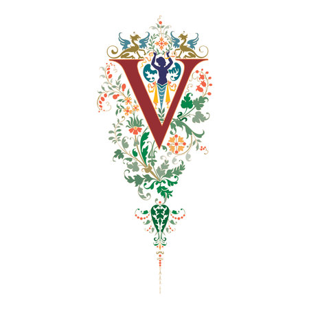 Art Renaissance Initial Caps Font Capital Letter V vector design illustrationのイラスト素材