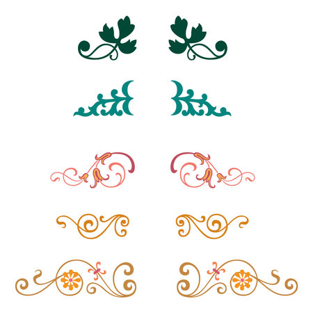 Vintage floral calligraphic floral vignette scroll corners ornamental design elements set isolated vector illustrationのイラスト素材