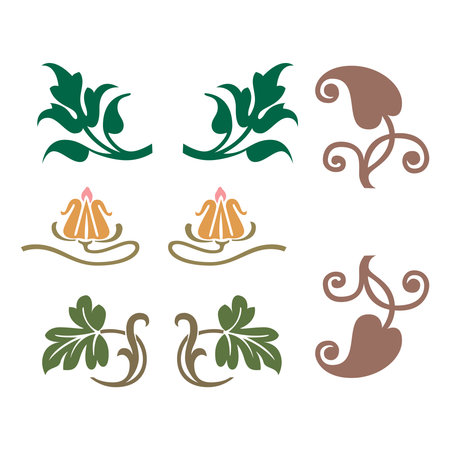 Vintage floral calligraphic floral vignette scroll corners ornamental design elements set isolated vector illustrationのイラスト素材