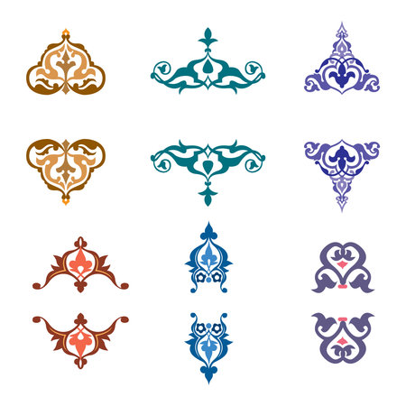 Vintage floral calligraphic floral vignette scroll corners ornamental design elements set isolated vector illustrationのイラスト素材