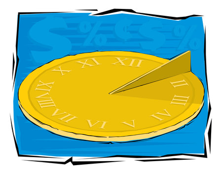 Color vector of a gold sundial on a blue background. Sundial in Flete Cartoon style vector