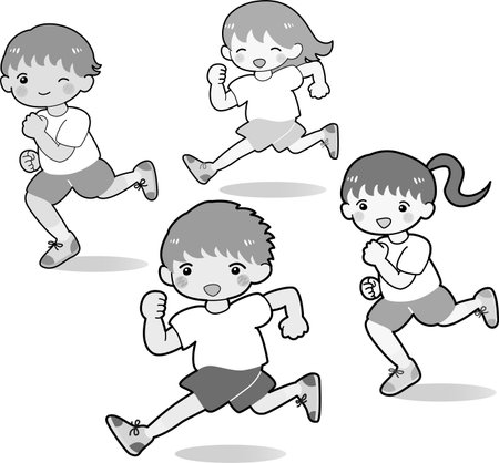Black and white illustration of four running kidsのイラスト素材