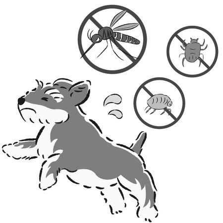 Hand-drawn illustration of a dog and pests. A rough and stylish impression. Vector illustration.のイラスト素材