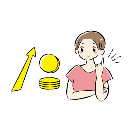 A hand-drawn, loose and cute illustration of a coin (money) and a woman. A rough and stylish impression. Vector illustration.のイラスト素材
