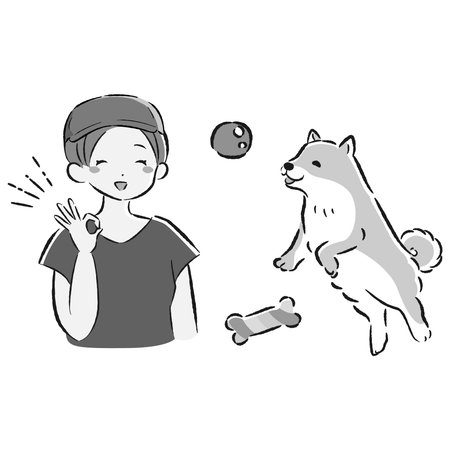 A hand-drawn illustration of a relaxed and cute playing dog. A rough and stylish impression. Vector illustration.のイラスト素材