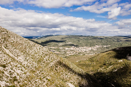 portrait of preety mountains lamdscape with turbins green powerの写真素材