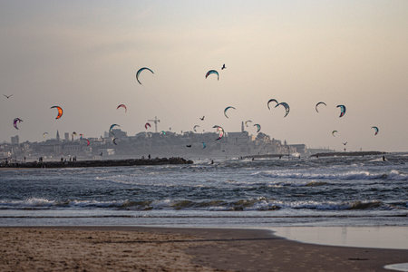 capture of beach where kite surfers surfingの写真素材