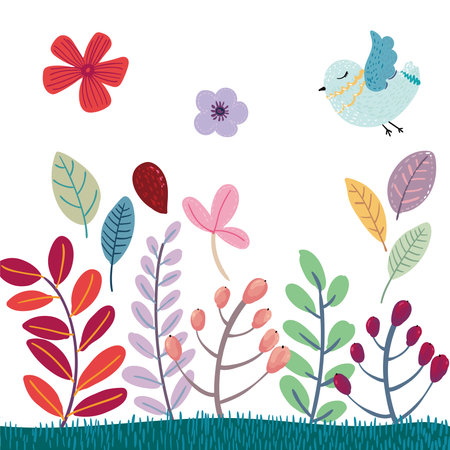 Abstract vector children's drawing, unicorn, flowers, leaves and birdsのイラスト素材