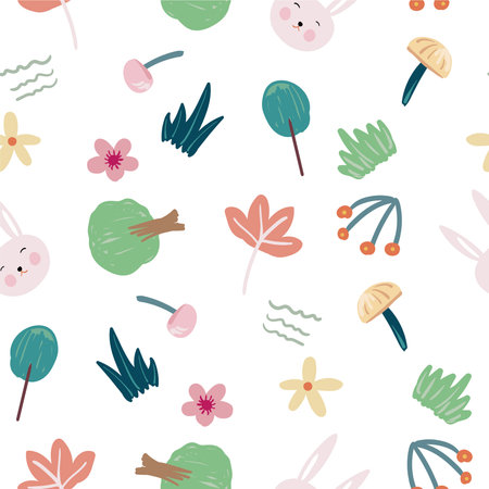 Beautiful children drawing forest vector elements seamless patternのイラスト素材