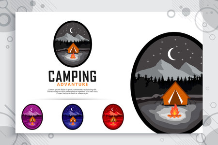 Camping vector logos with modern badge concepts, illustrations of wild nature with mountains and camp as a symbol digital of camping and travel service on wildのイラスト素材