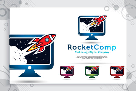 Rocket computer vector logo with simple style concept, illustration of rocket and computer can use for symbol digital template of computing technology companyのイラスト素材