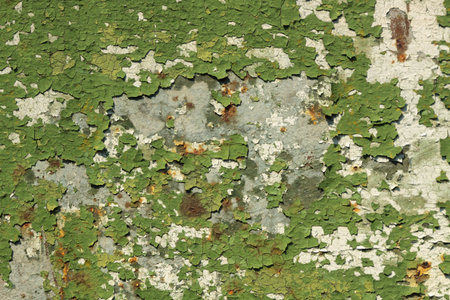 Old metal green and white painted background with streaks of rust.