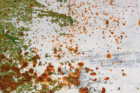 Old metal green and white painted background with streaks of rust.