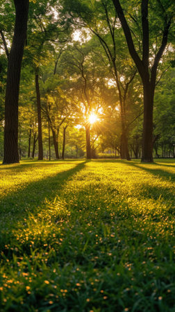 Sunset in the park with green grass and trees in the morningの素材