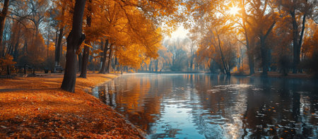 Autumn park. Beautiful autumn landscape with yellow trees and lake.の素材