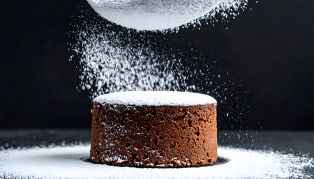 Chocolate cake sprinkled with powdered sugar on a dark background, close-upの素材